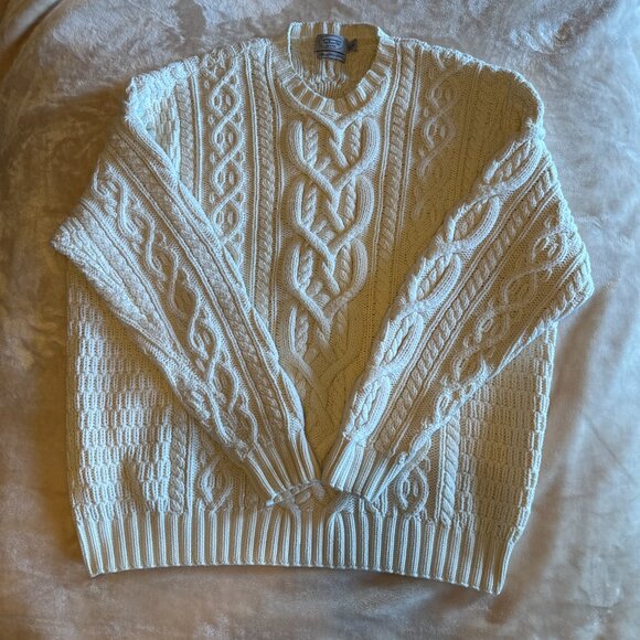 NWOT RARE Hand Knit Heavy 100% Cotton Ivory Cable Knit Fisherman Sweater Mens XL - Picture 13 of 13